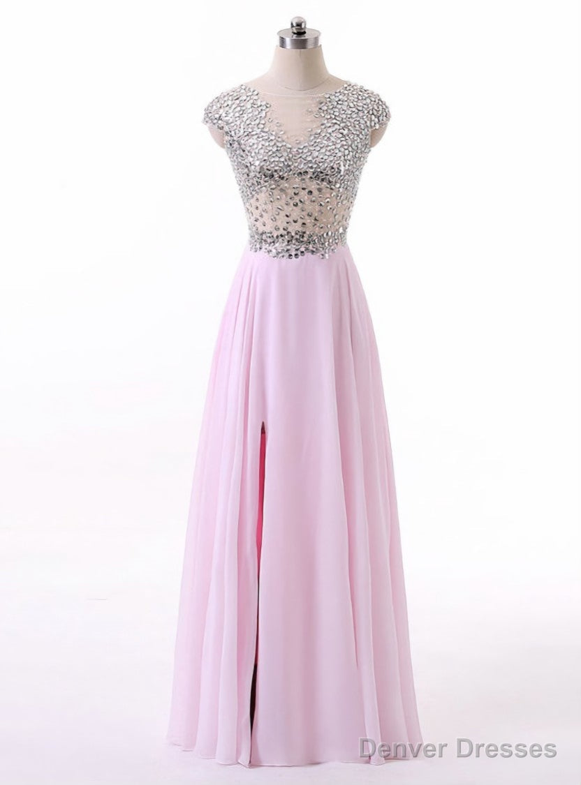 New Arrival Pink Chiffon A Line Boat Neck Cap Sleeves Long Prom Dresses Main image