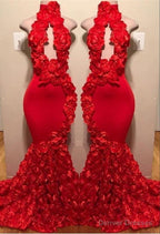 New Arrival Red Keyhole Mermaid Flowers Halter Sleeveless Long Prom Dresses