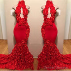 New Arrival Red Keyhole Mermaid Flowers Halter Sleeveless Long Prom Dresses