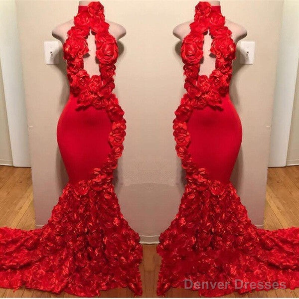 New Arrival Red Keyhole Mermaid Flowers Halter Sleeveless Long Prom Dresses