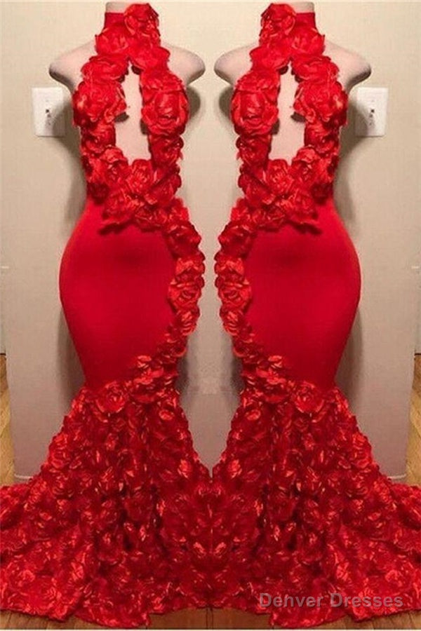 New Arrival Red Keyhole Mermaid Flowers Halter Sleeveless Long Prom Dresses Main image
