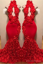 New Arrival Red Keyhole Mermaid Flowers Halter Sleeveless Long Prom Dresses