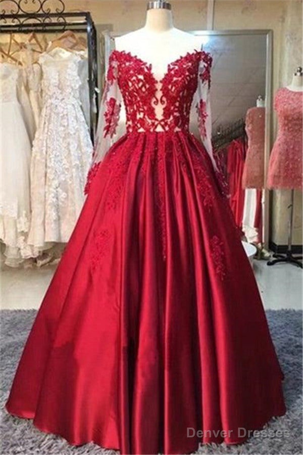 New Arrival Red Prom Dresses Off-the-Shoulder Lace Appliques Long Sleevess Puffy Evening Gowns Main image