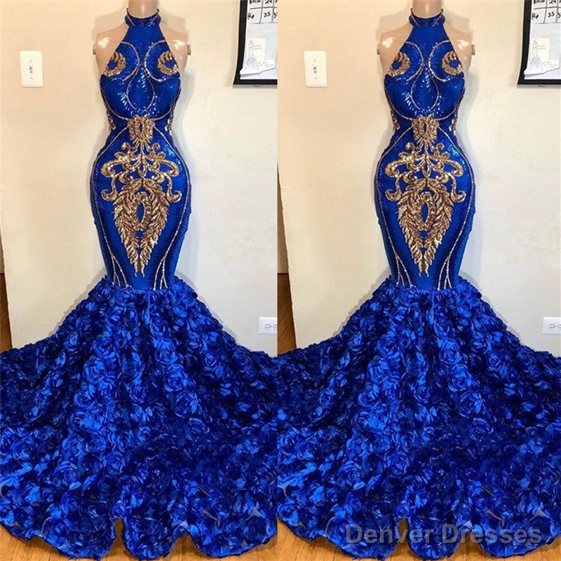 New Arrival Royal Blue Halter Mermaid Prom Dresses Gorgeous Sleeveless Flowers Long Evening Gowns Secondary image