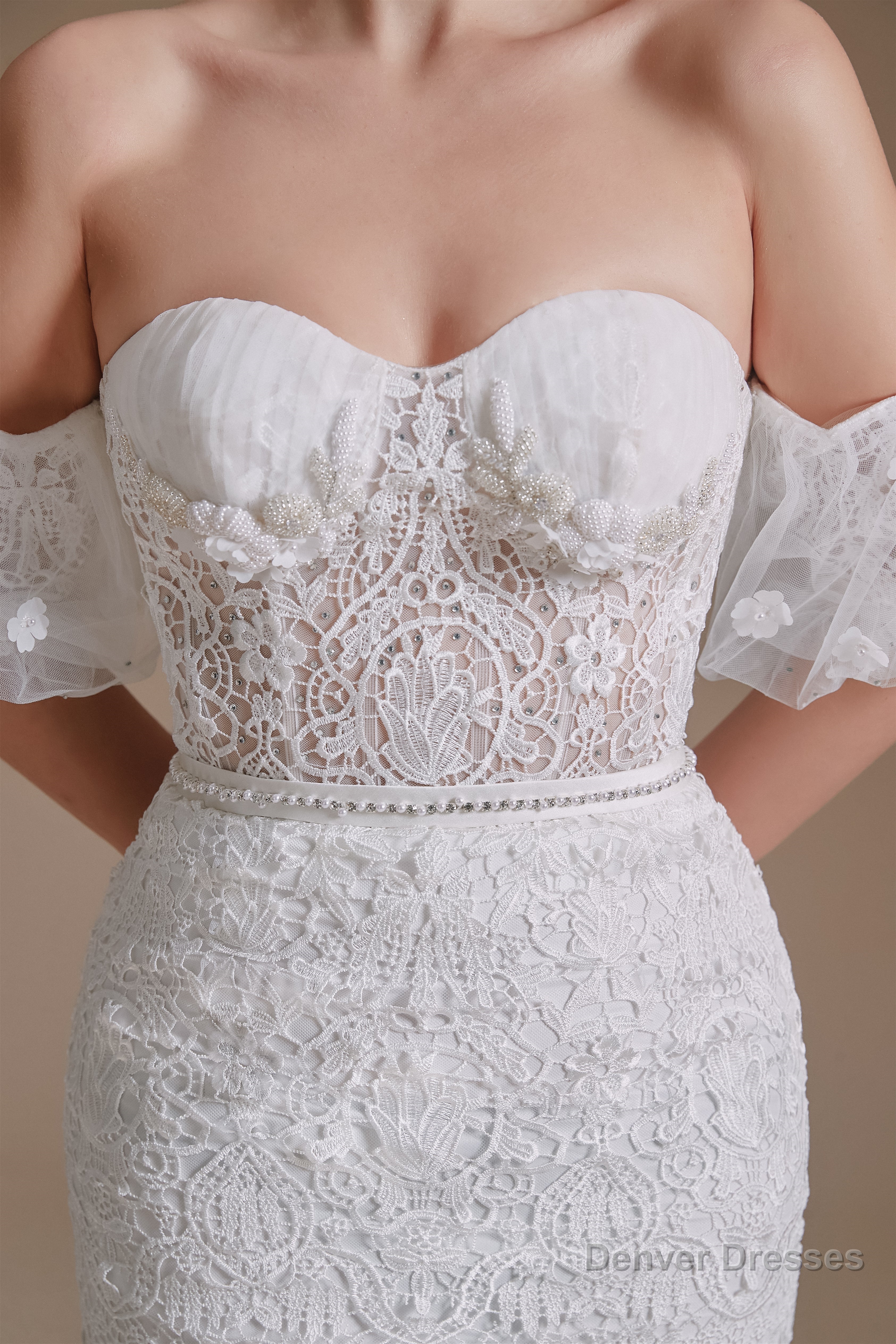 Sweetheart Puff Sleeve Off the Shoulder Lace Long Wedding Dresses Secondary image