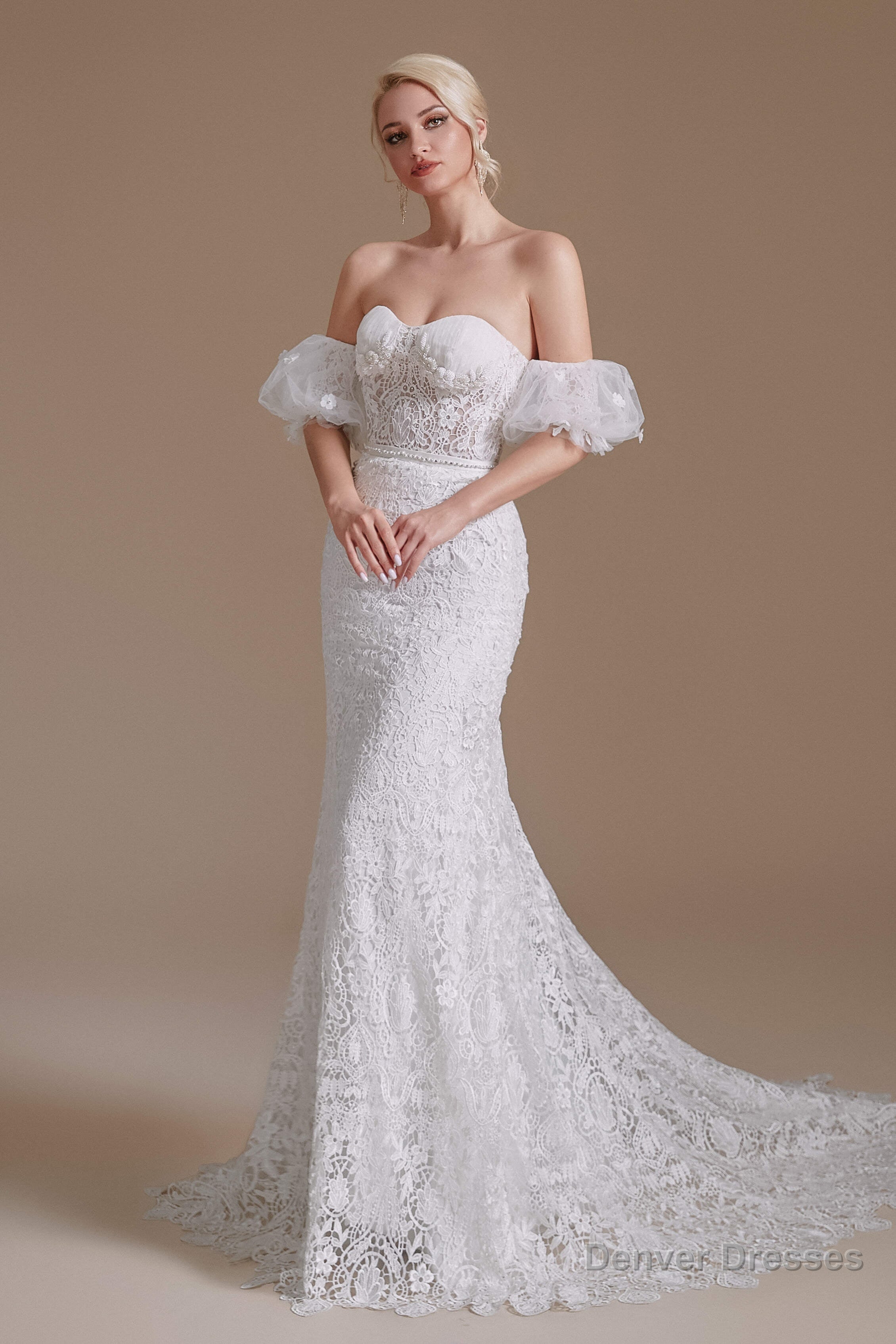 Sweetheart Puff Sleeve Off the Shoulder Lace Long Wedding Dresses