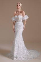 Sweetheart Puff Sleeve Off the Shoulder Lace Long Wedding Dresses
