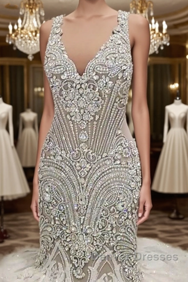 New Arrival V Neck Cap Sleeve Beads Crystals Mermaid Wedding Dress Lace Applique Main image