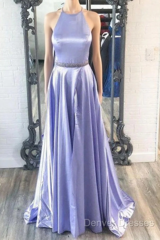 New Brand Lavender Satin A Line O Neck Long Prom Dress, Party Dress