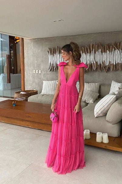 New Hot Pink Backless Long Prom Dress V Neck Formal Gown Secondary image