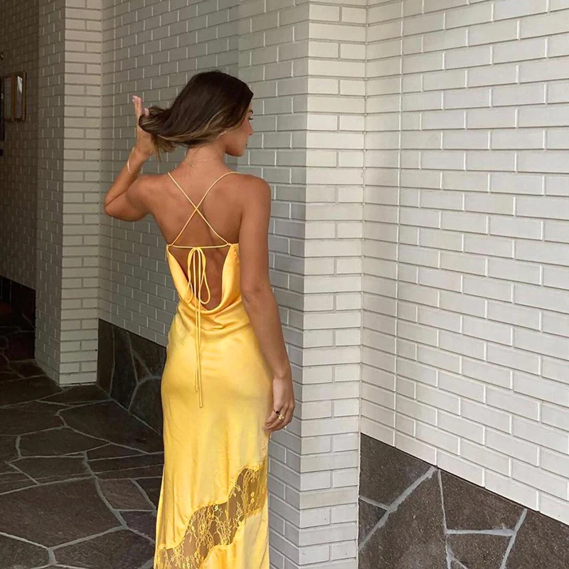 Yellow New Lace Spaghetti Straps Sexy Backless Mid-Length Elegant Satin Prom Dress Evening Dress Party Dress Secondary image