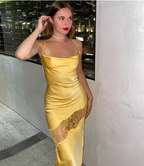 Yellow New Lace Spaghetti Straps Sexy Backless Mid-Length Elegant Satin Prom Dress Evening Dress Party Dress