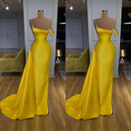 New One Shoulder Bright Yellow Mentallic Sequins Overskirt Prom Dress