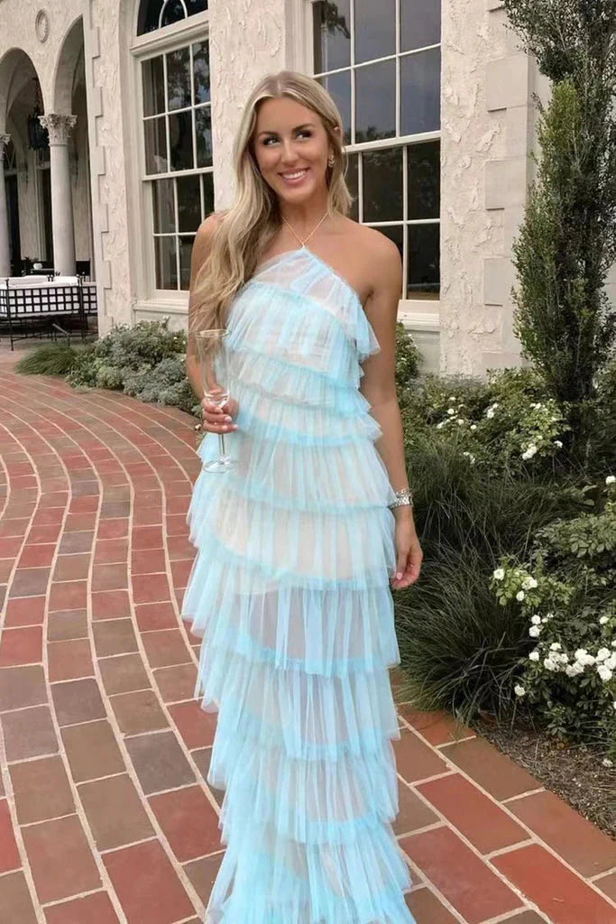 New Style Halter Ruffles Tulle Prom Dress With Slit, Charming Long Party Dress Secondary image