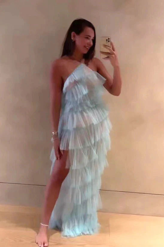 New Style Halter Ruffles Tulle Prom Dress With Slit, Charming Long Party Dress