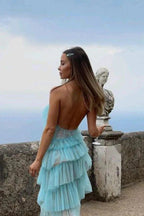 New Style Halter Ruffles Tulle Prom Dress With Slit, Charming Long Party Dress