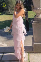 New Style Halter Ruffles Tulle Prom Dress With Slit, Charming Long Party Dress