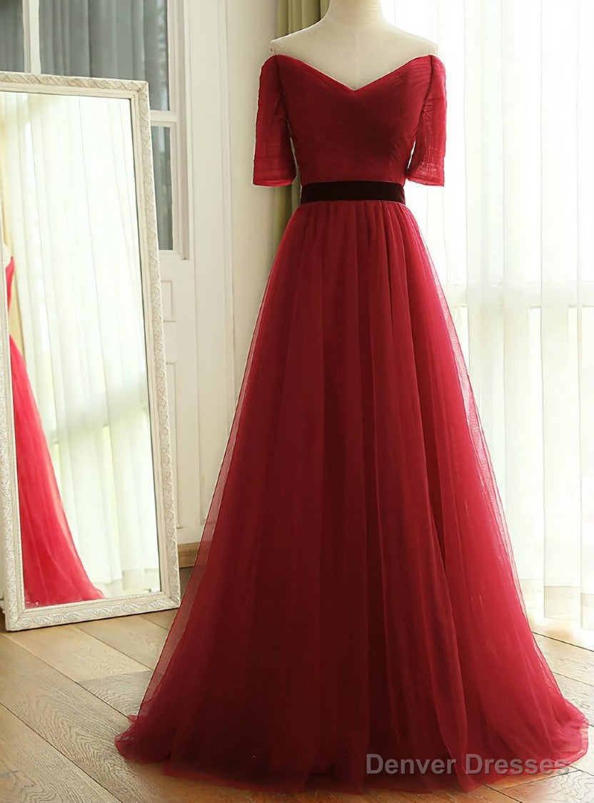New Wine Red Long Floor Length Off The Shoulder Ruched Tulle Bridesmaid Dresses Main image