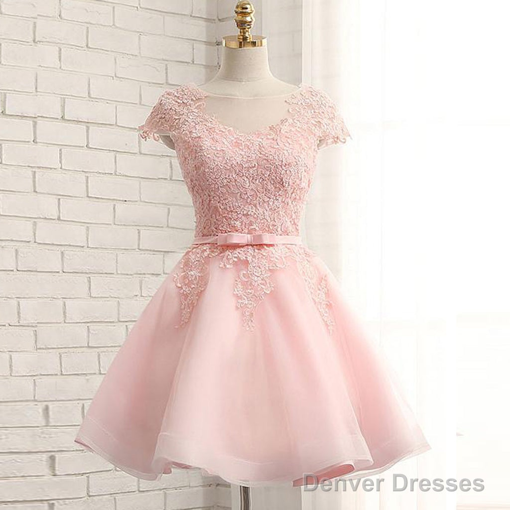 Newest Pink Lace Cap Sleeve A-Line Yarn Back With Bow Sash Pretty Junior Homecoming Dress Main image