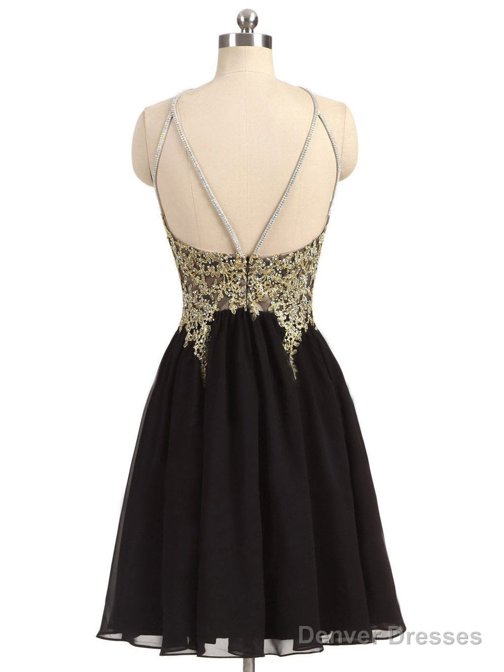 Newest Unique Beading Halter Lace Appliques Top  Black Chiffon Skirt Open Back Homecoming Dress