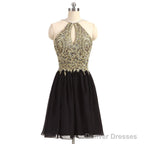 Newest Unique Beading Halter Lace Appliques Top  Black Chiffon Skirt Open Back Homecoming Dress