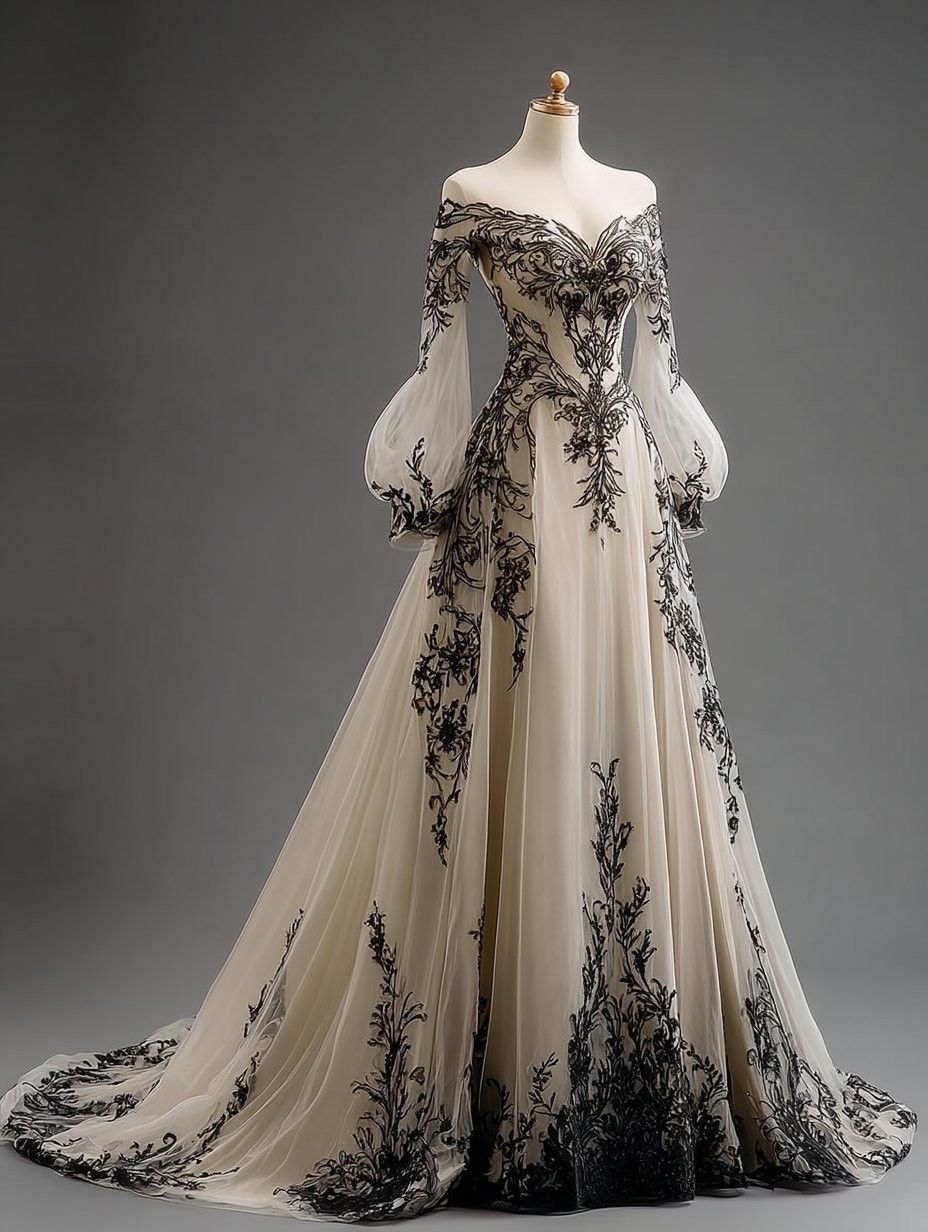 NiceVestidos-Black-White Paneled Lace Tulle Off-Shoulder Lantern-Sleeve Floor-Length Gothic Gown Main image