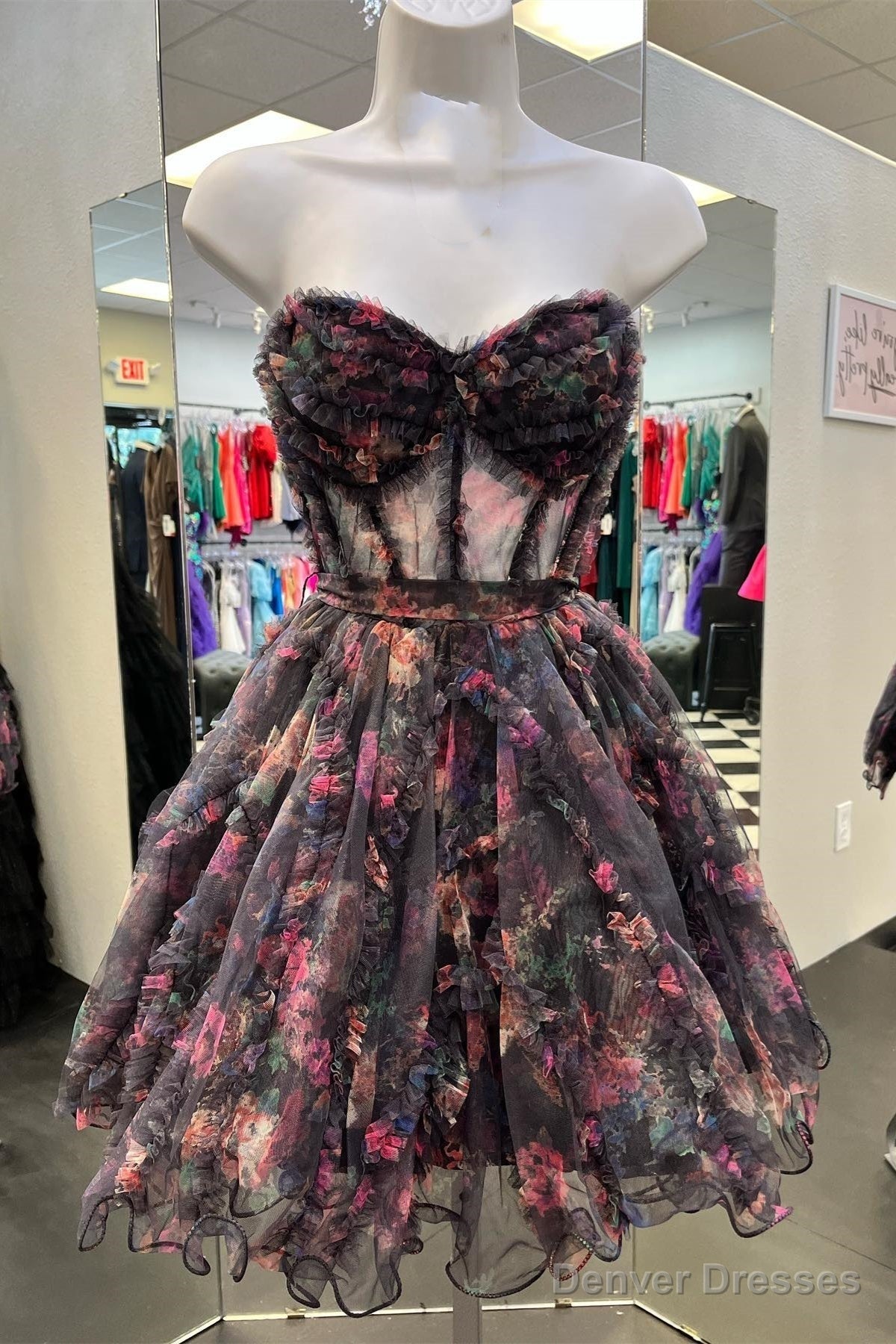 Flower Prints Strapless A-line Tulle Ruffled Homecoming Dress Main image