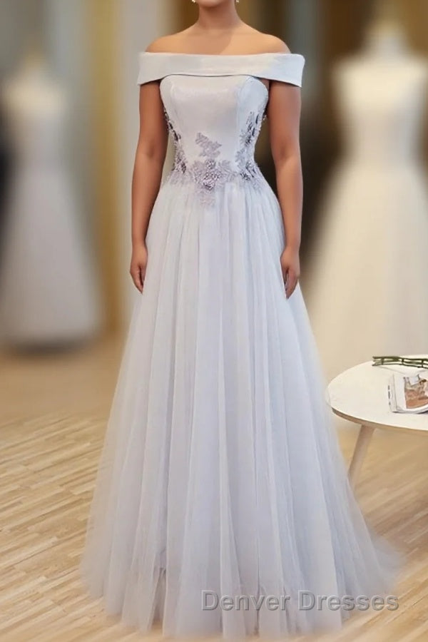 Gray A Line Off Shoulder Floor Length Prom Dress, Lace Evening Dress Main image