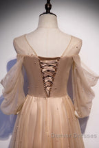 Noble And Elegant Champagne Beaded Long Sleeved Off Shoulder Ball Dress Champagne A-Line Princess Off Shoulder Strap And Floor Length Prom Dress