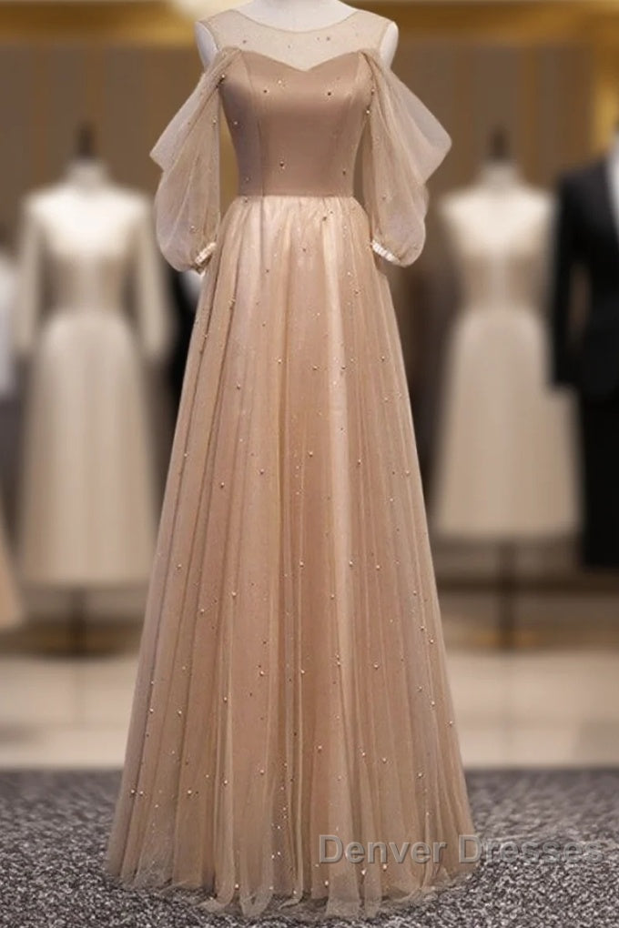 Noble And Elegant Champagne Beaded Long Sleeved Off Shoulder Ball Dress Champagne A-Line Princess Off Shoulder Strap And Floor Length Prom Dress Main image