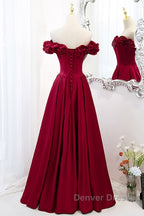 Noble And Elegant Wine Red Sleeveless Off Shoulder Beaded Ball Dress With Wine Red A-Shaped Backless Strap And Ground Length Ruffled Hem Prom Dress
