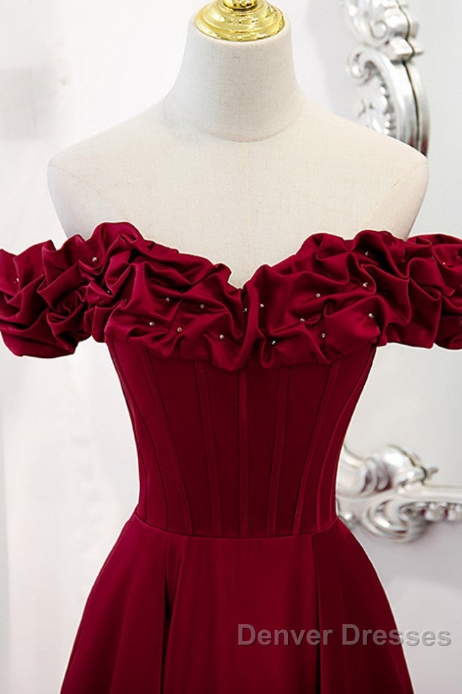 Noble And Elegant Wine Red Sleeveless Off Shoulder Beaded Ball Dress With Wine Red A-Shaped Backless Strap And Ground Length Ruffled Hem Prom Dress