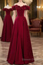 Noble And Elegant Wine Red Sleeveless Off Shoulder Beaded Ball Dress With Wine Red A-Shaped Backless Strap And Ground Length Ruffled Hem Prom Dress