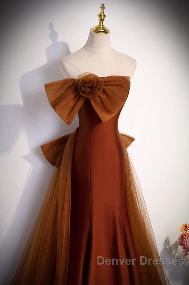 Noble And Unique Chocolate Sleeveless Prom Dress Chocolate Mermaid Strapless Tulle Butterfly Knot Dew Back Strap Long And Floor Evening Dress Secondary image