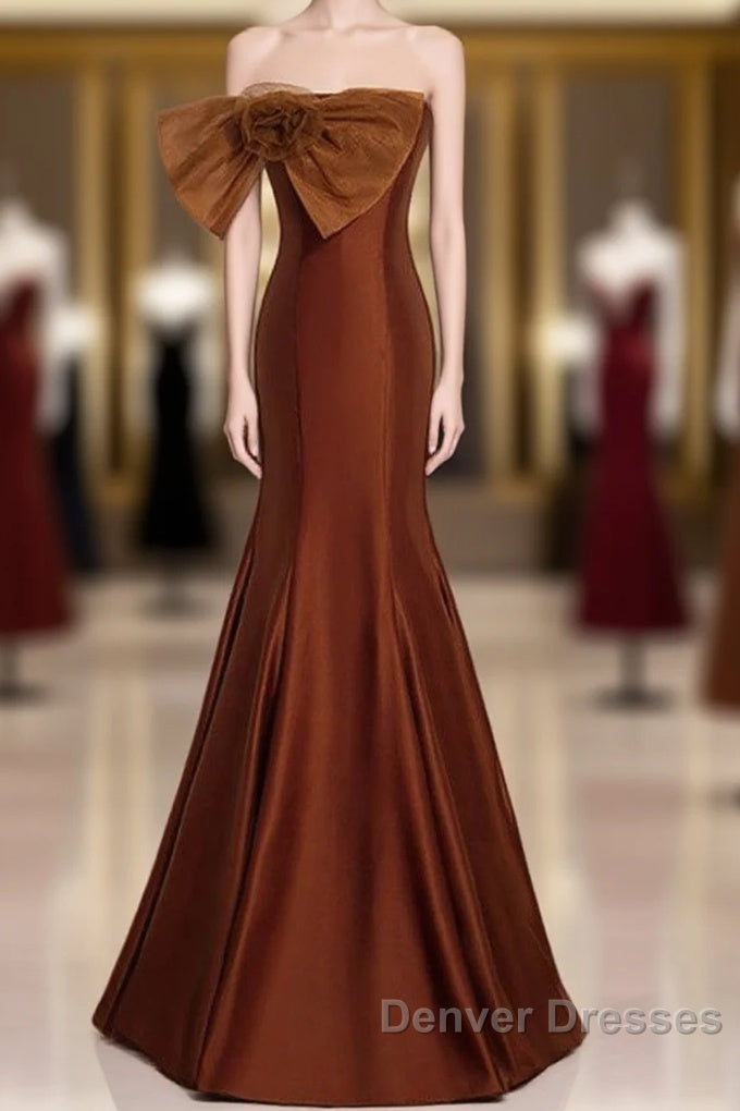Noble And Unique Chocolate Sleeveless Prom Dress Chocolate Mermaid Strapless Tulle Butterfly Knot Dew Back Strap Long And Floor Evening Dress