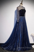 Noble Navy Blue Perspective High Neck Long Sleeved Water Diamond Sequin Ball Dress Navy Blue A-Line Princess Sparkling Backless Tulle Sweeping Tail Ruffle Edge Evening Dress