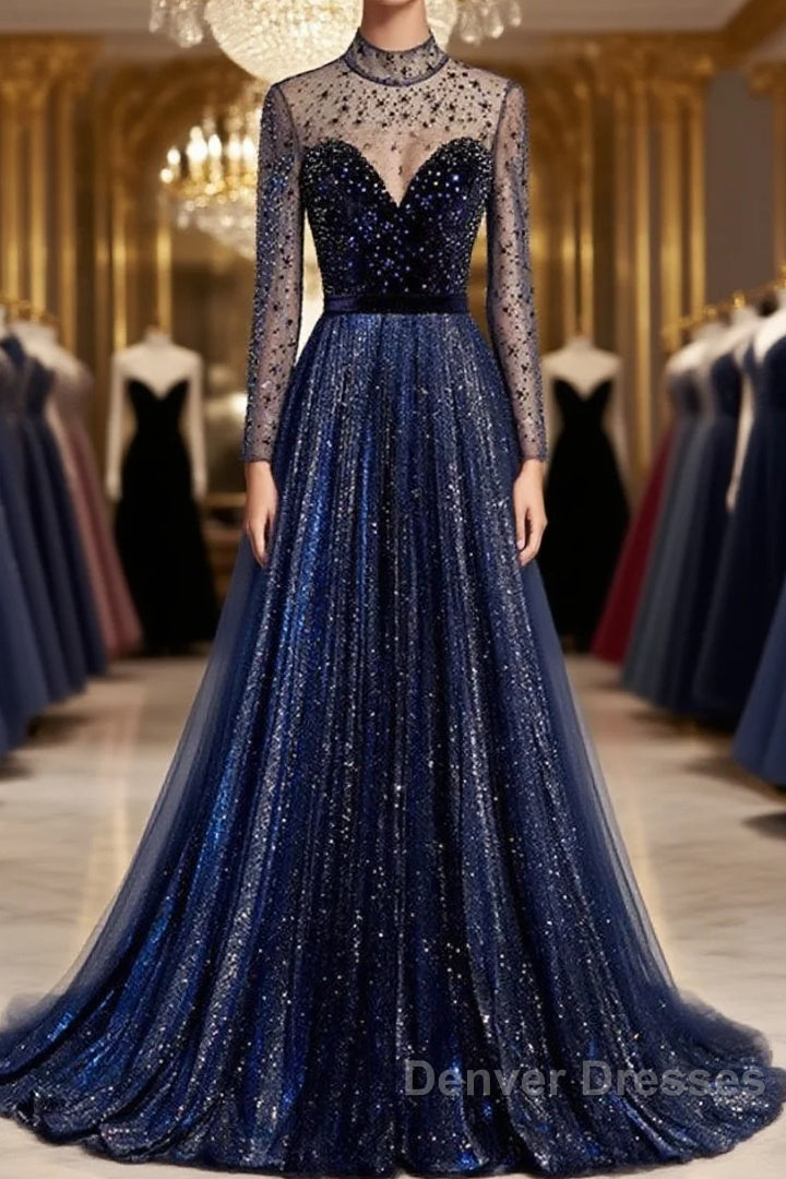 Noble Navy Blue Perspective High Neck Long Sleeved Water Diamond Sequin Ball Dress Navy Blue A-Line Princess Sparkling Backless Tulle Sweeping Tail Ruffle Edge Evening Dress Main image