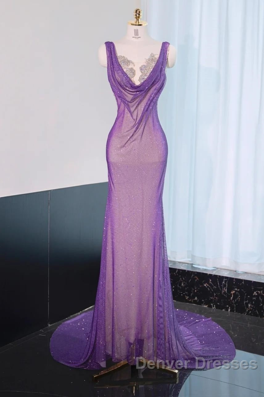 Noble Purple Mermaid Gown - Glitter Rhinestone Tulle Prom Dress For Special Ocassions