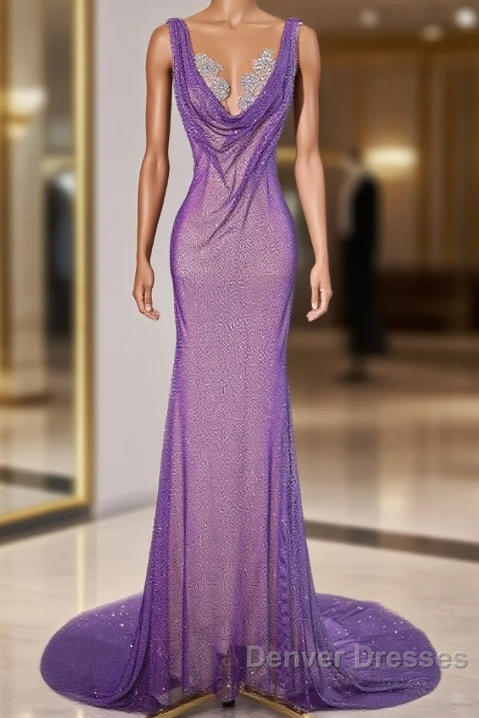 Noble Purple Mermaid Gown - Glitter Rhinestone Tulle Prom Dress For Special Ocassions Main image