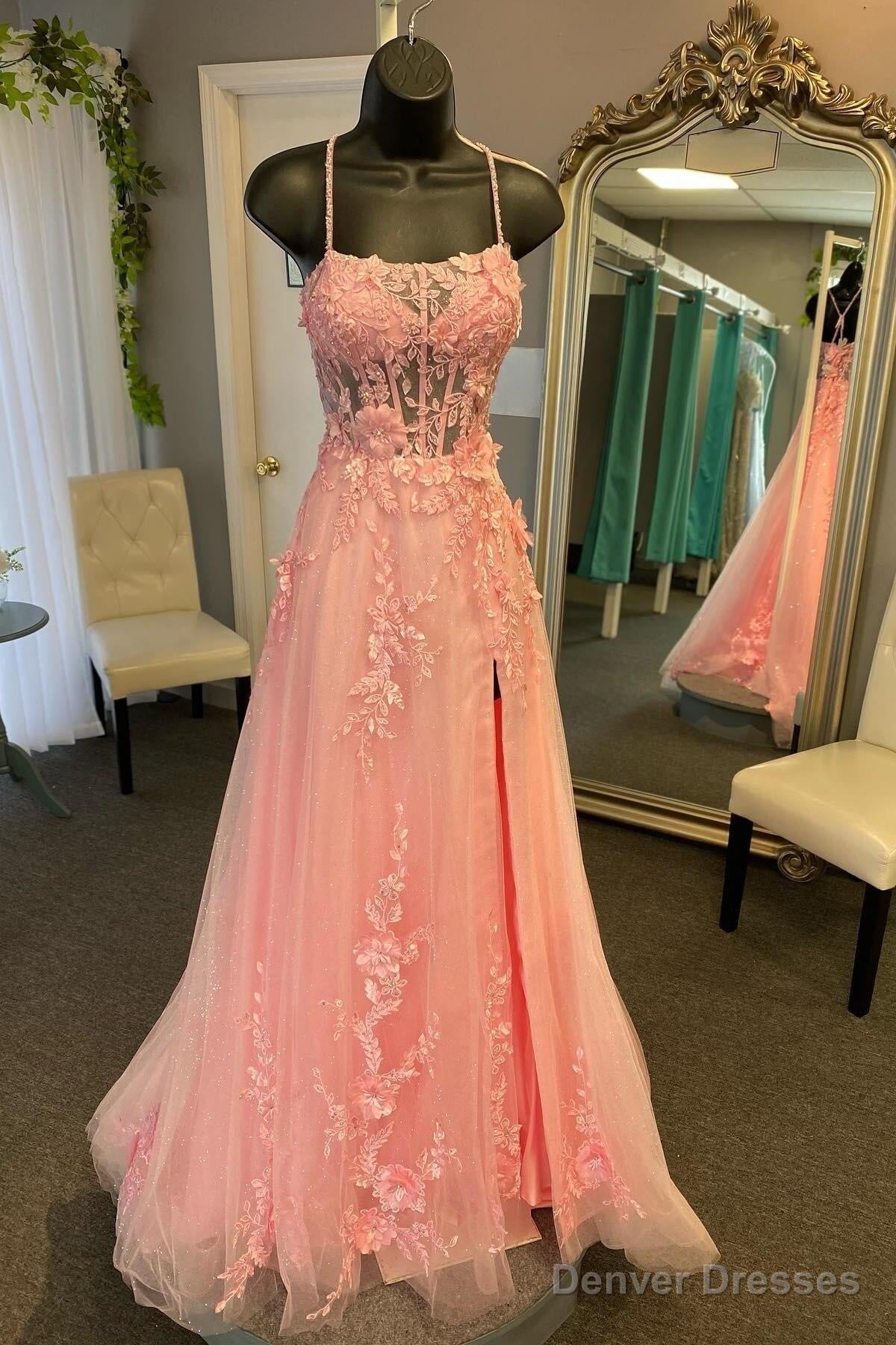 Straps Pink Floral Embroidered A-line Long Formal Dress Main image