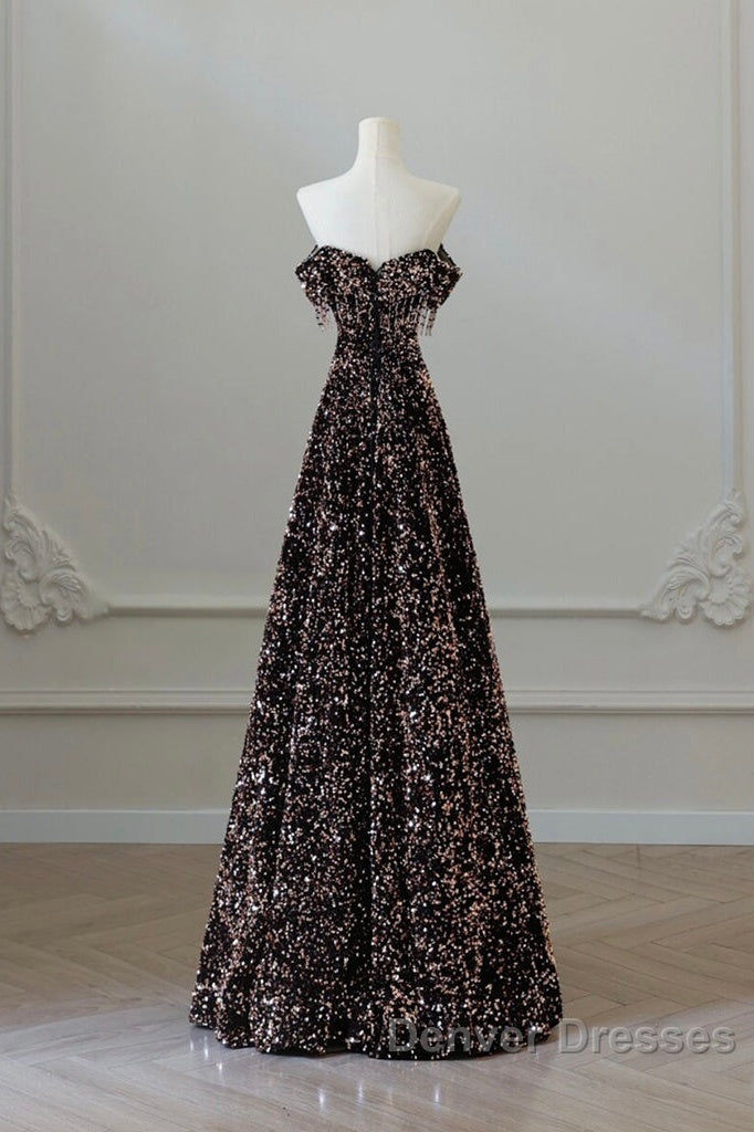 Off Shoulder A-Line Coffee Gold Sequin Long Prom Dress, Coffee Gold Evening Dress Secondary image