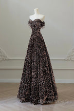 Off Shoulder A-Line Coffee Gold Sequin Long Prom Dress, Coffee Gold Evening Dress