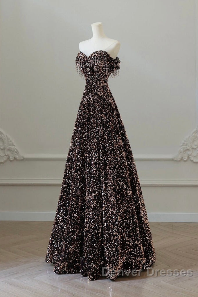 Off Shoulder A-Line Coffee Gold Sequin Long Prom Dress, Coffee Gold Evening Dress