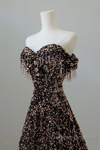 Off Shoulder A-Line Coffee Gold Sequin Long Prom Dress, Coffee Gold Evening Dress