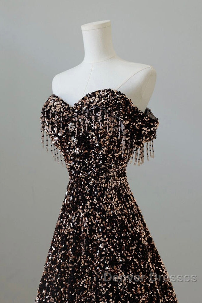Off Shoulder A-Line Coffee Gold Sequin Long Prom Dress, Coffee Gold Evening Dress