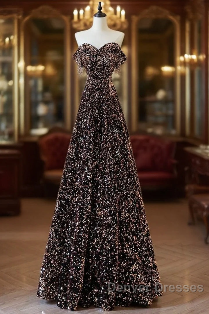 Off Shoulder A-Line Coffee Gold Sequin Long Prom Dress, Coffee Gold Evening Dress Main image