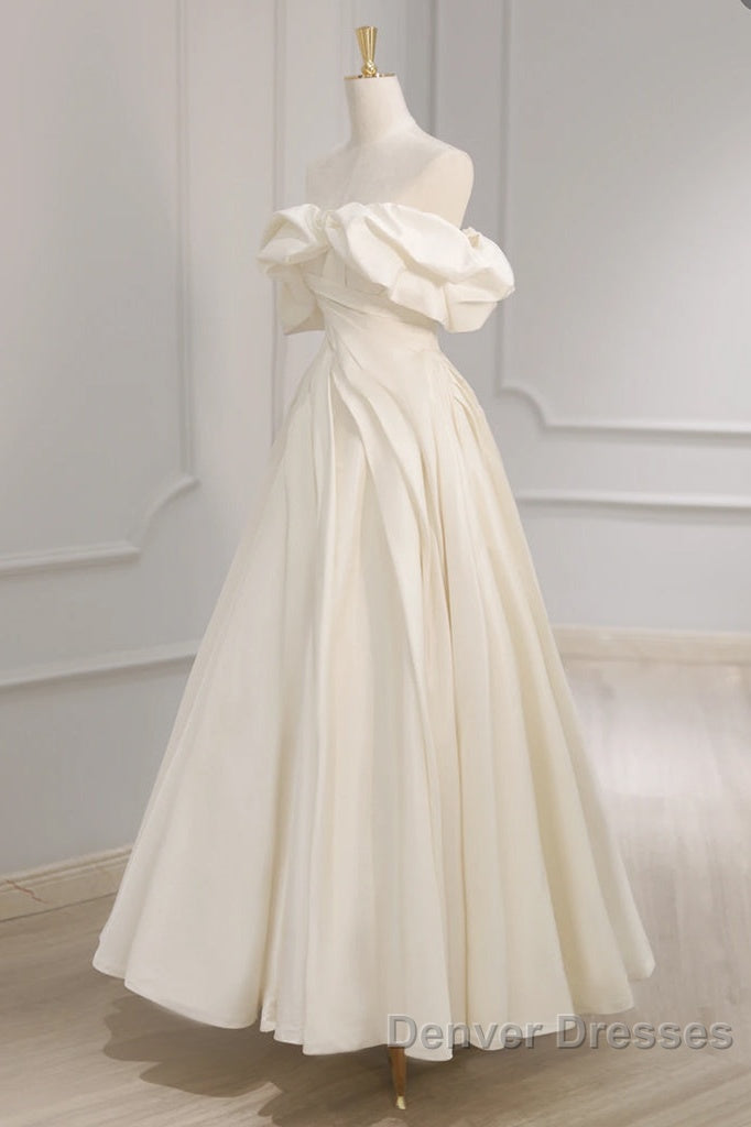 Off Shoulder A-Line Satin Beige Long Prom Dress, Beige Long Formal Dress Secondary image
