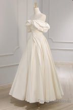 Off Shoulder A-Line Satin Beige Long Prom Dress, Beige Long Formal Dress