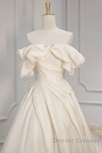 Off Shoulder A-Line Satin Beige Long Prom Dress, Beige Long Formal Dress