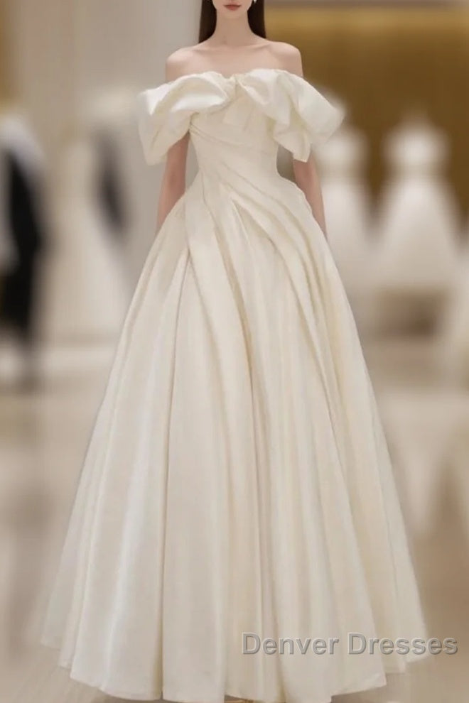 Off Shoulder A-Line Satin Beige Long Prom Dress, Beige Long Formal Dress Main image